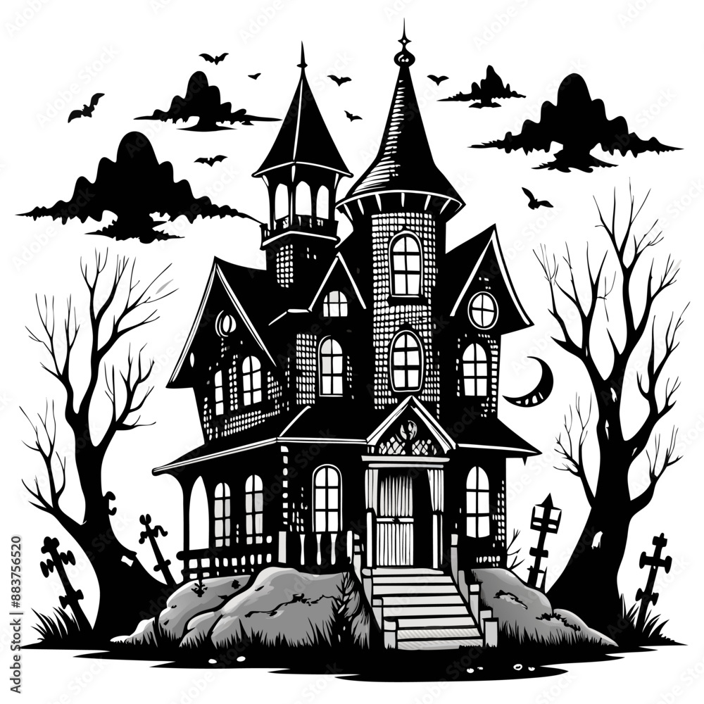 Spooky Haunted House with Bats, Trees, and Gravestones   Vintage Black and White Halloween Illustration
