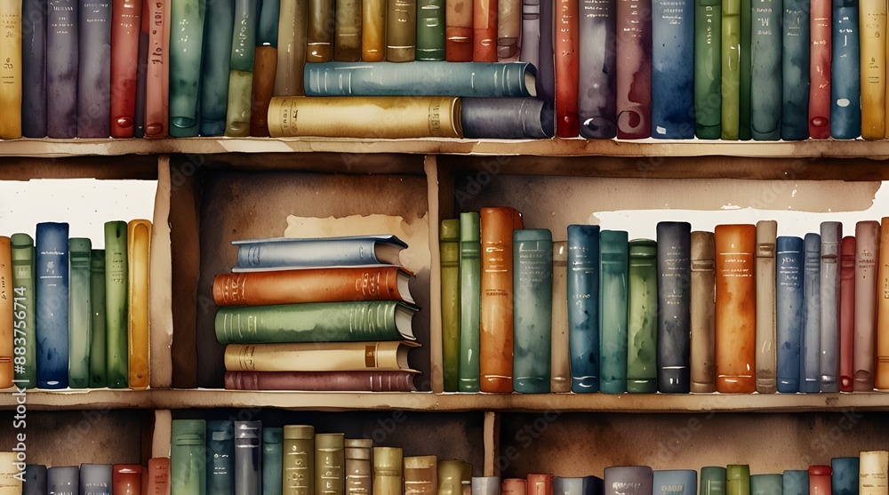 Naklejka premium Watercolor painted bookshelf on white background.generative.ai