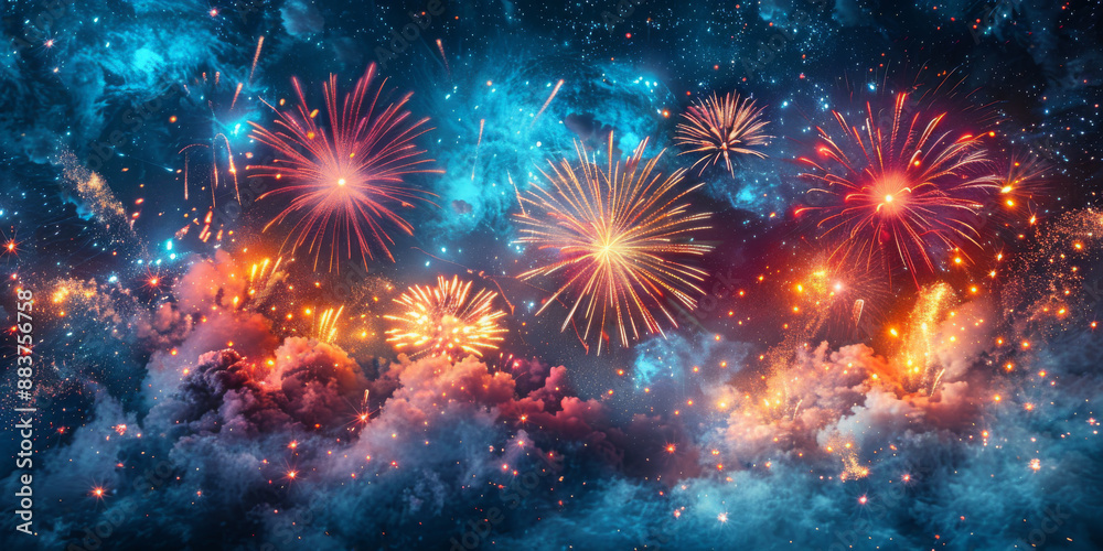 Fototapeta premium 夜空に輝く花火の背景イラスト