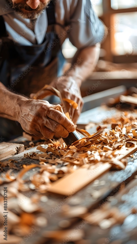 Craftsperson Carefully Carving and Shaping Wood Veneer Using Traditional Workshop Tools Craftsperson Carefully Carving and Shaping Wood Veneer Using Traditional Workshop Tools