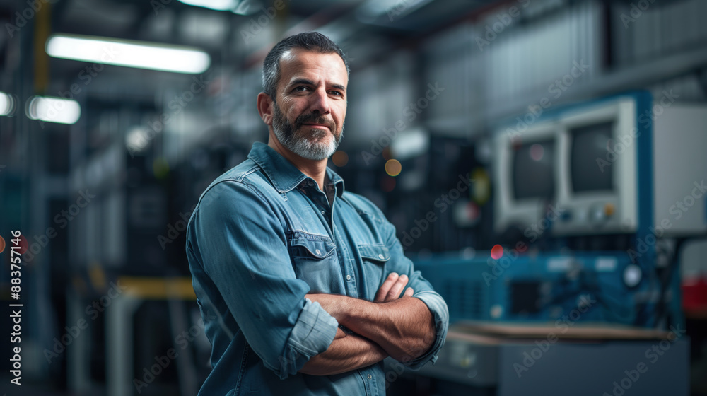Skilled Technician in Modern Workshop with Blurred Electric Vehicle Power Inverter, Industrial Setting Skilled Technician in Modern Workshop with Blurred Electric Vehicle Power Inverter, Industrial Setting