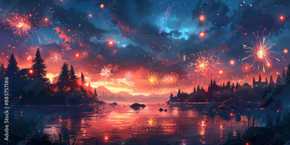 Fototapeta premium 夜空に輝く花火の背景イラスト