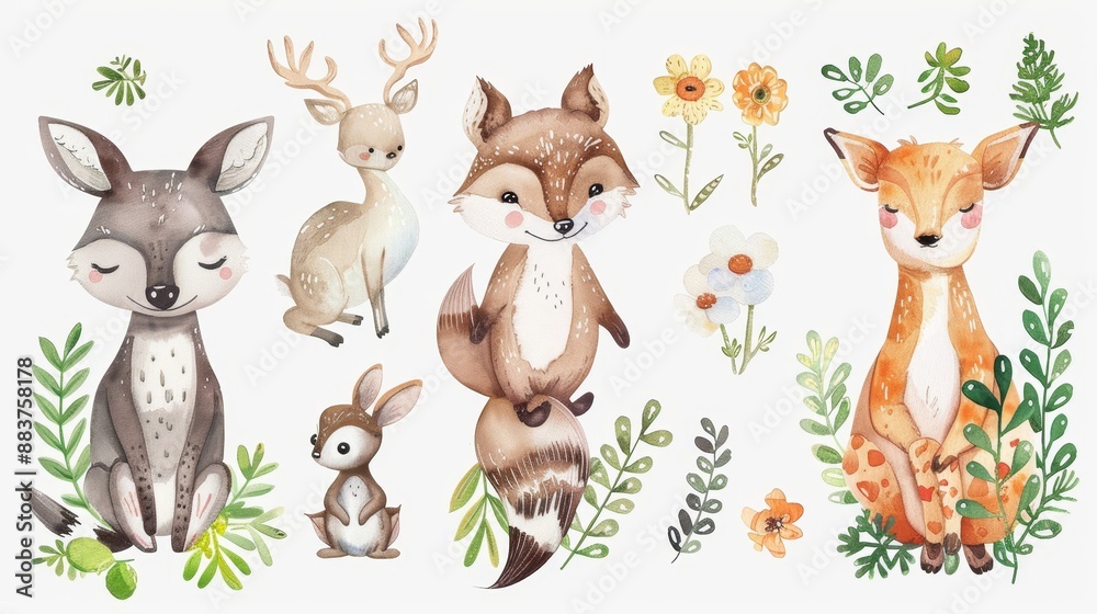 Fototapeta premium Adorable Watercolor Forest Animals and Wildlife Among Lush Greenery and Flowers