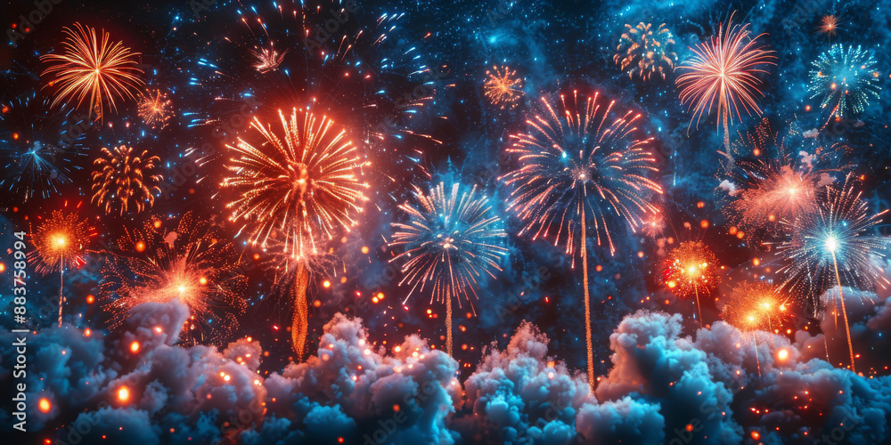 Fototapeta premium 夜空に輝く花火の背景イラスト