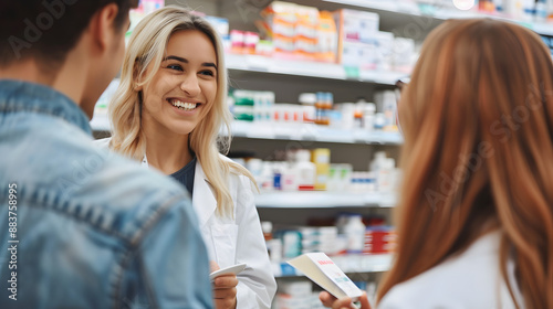 A smiling pharmacist showing medicine to a customer in drugstore or pharmacy