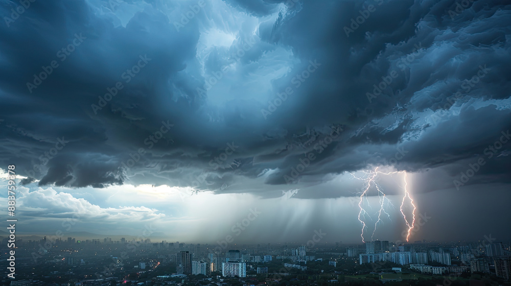 A dramatic cityscape with a stormy sky and lightning bolts. A dramatic cityscape with a stormy sky and lightning bolts.