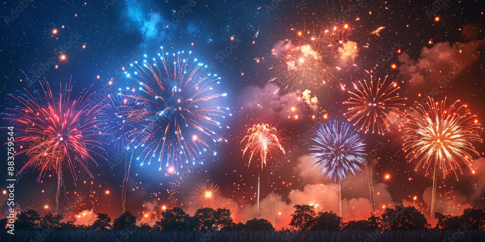 Fototapeta premium 夜空に輝く花火の背景イラスト