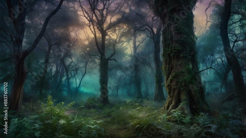 Misty forest in the night