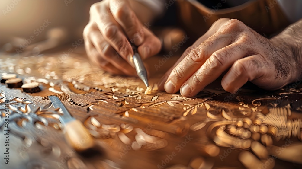 Skilled Woodworker Shaping Intricate Wood Veneer Designs with Hand Tools in Workshop