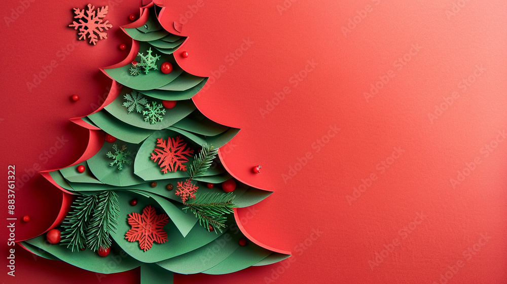 Openwork paper, green paper, red background, Christmas tree.. Openwork paper, green paper, red background, Christmas tree..