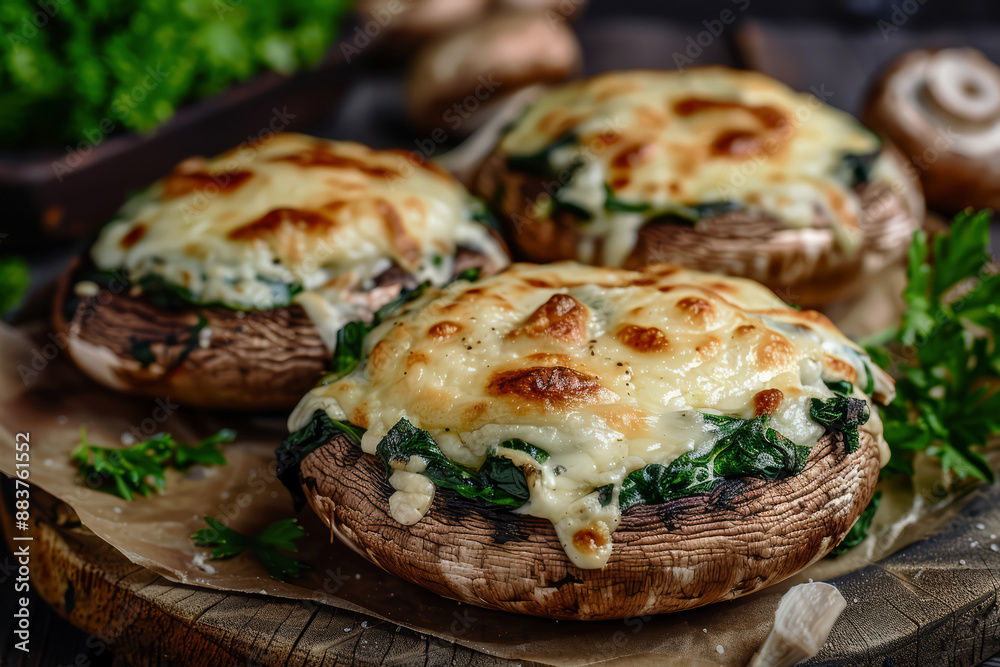 mushrooms are topped with cheese and spinach mushrooms are topped with cheese and spinach