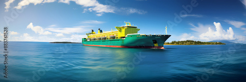 Iconic Green and Yellow BP Oil Tanker Gently Floating in the Open Blue Ocean under Clear Sky photo