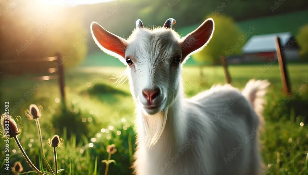 Obraz premium Sunlit Grace: A White Goat’s Tranquil Morning on the Farm