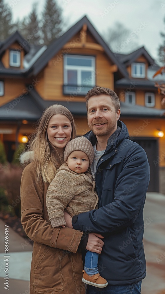 Fototapeta premium Front of a new house with a young family