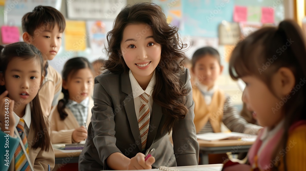 Fototapeta premium Smiling Teacher in Classroom Interacting with Engaged Students