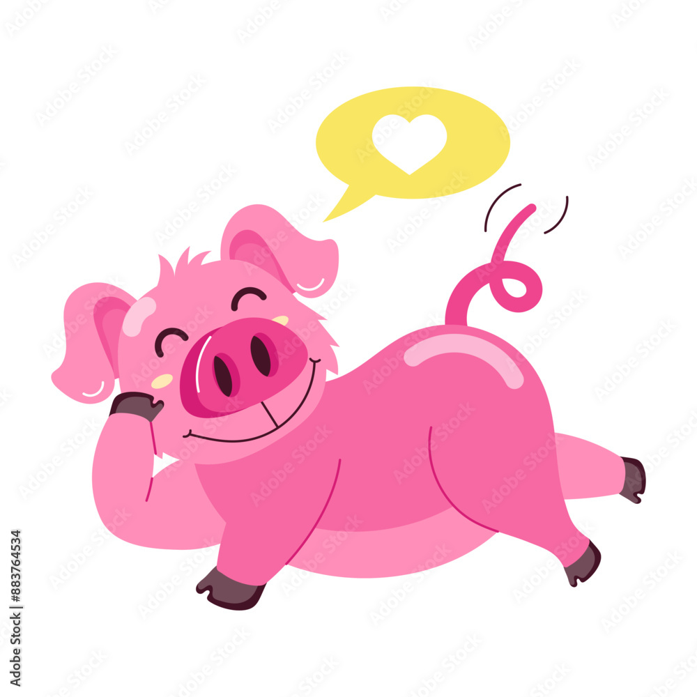 Naklejka premium Cute pig dreaming of love, flat style sticker