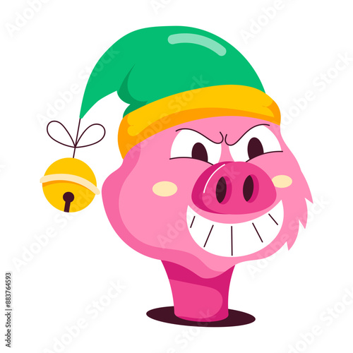 A flat sticker of christmas pig grinning widely 

