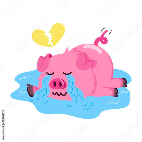 A flat style sticker of heartbroken weeping pig 

