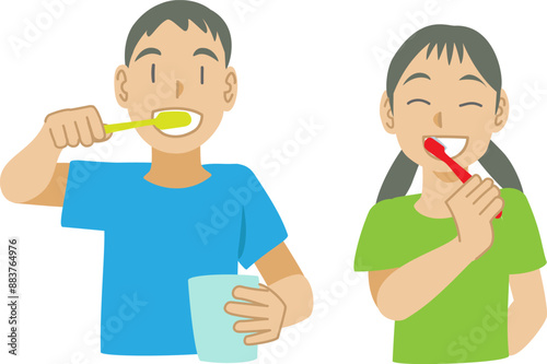 並んで歯を磨く子供達のイラスト
