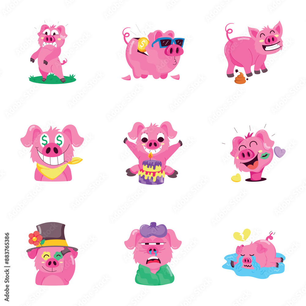 WebSet of Cute Pig Character Flat Stickers WebSet of Cute Pig Character Flat Stickers