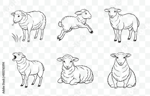 Print Sheep Line Art Vector Set Detailed Illustrations of Sheep in Minimalist Line Art Style Perfect for Farm and Animal Lovers
