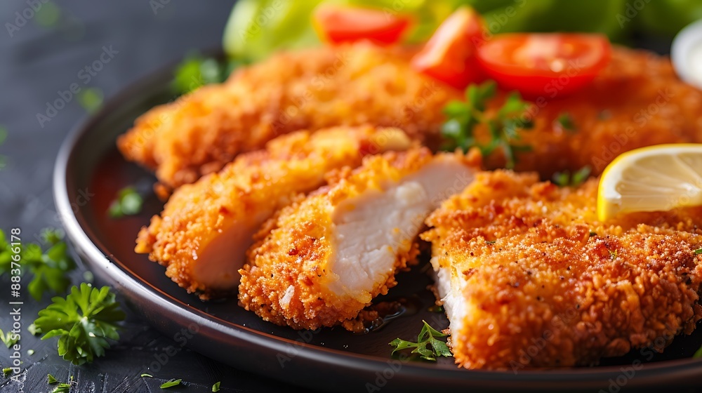 Chicken cutlet that has been divided and plated in crumbs butter Chicken cutlet that has been divided and plated in crumbs butter