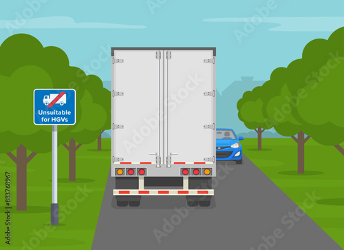 Safe driving tips and traffic regulation rules. Back view of a lorry drove onto unsuitable road for heavy goods vehicle. Flat vector illustration template.