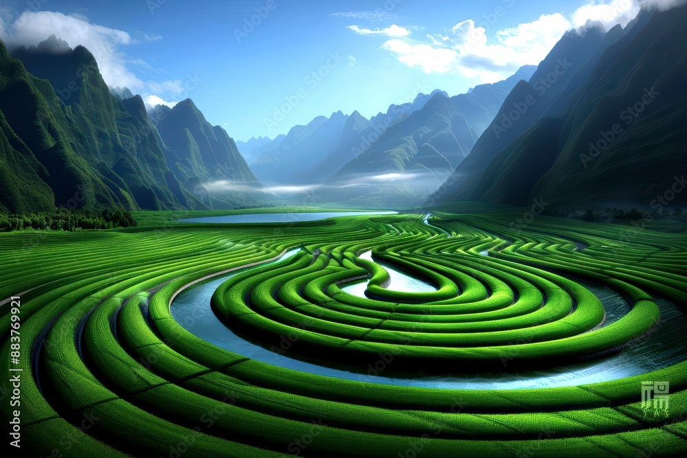 Highres image of hilly ranges, vast farms with crops, flowing water from a stream, vibrant colors, digital art, detailed and sharp Highres image of hilly ranges, vast farms with crops, flowing water from a stream, vibrant colors, digital art, detailed and sharp