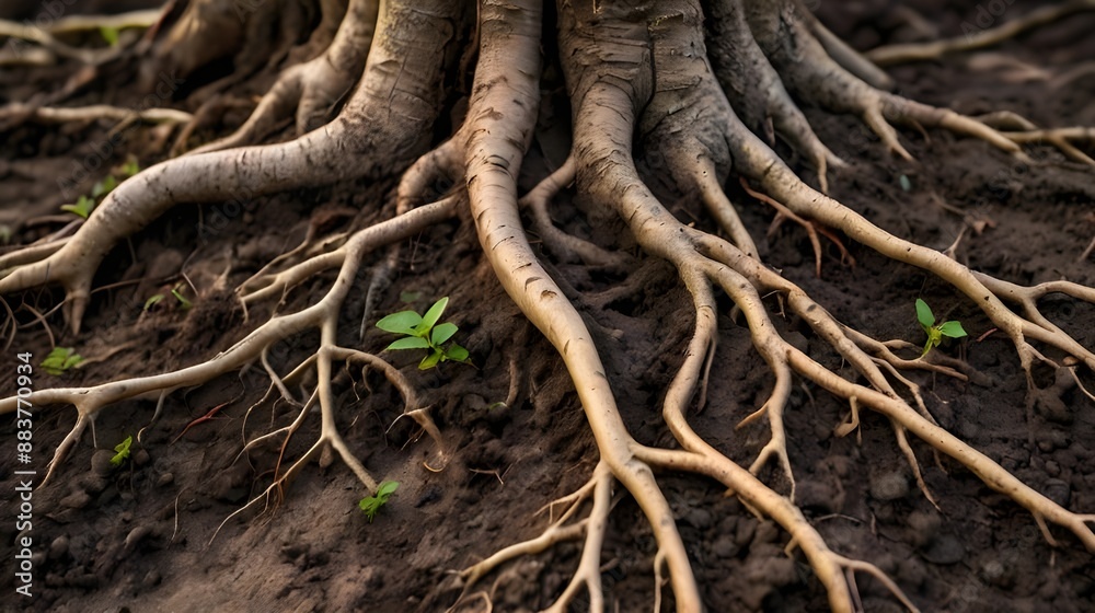 A close-up of tree roots spreading through the soil, showcasing their intricate, detailed structure. The earthy texture and natural design highlight the tree's stability and connection to the environ
A close-up of tree roots spreading through the soil, showcasing their intricate, detailed structure. The earthy texture and natural design highlight the tree's stability and connection to the environ