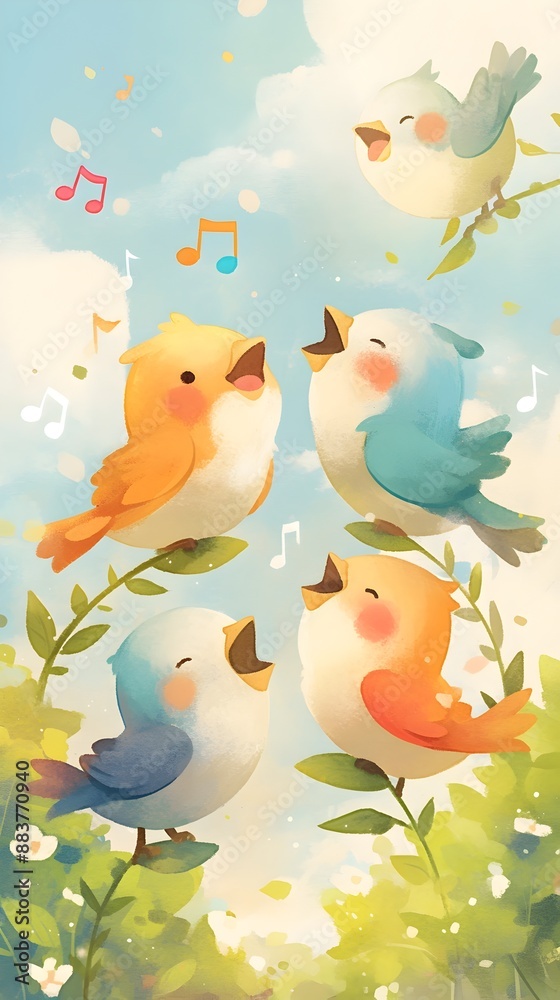 Joyful Chorus of Melodic Songbirds Performing in a Lush, Enchanting Garden Joyful Chorus of Melodic Songbirds Performing in a Lush, Enchanting Garden