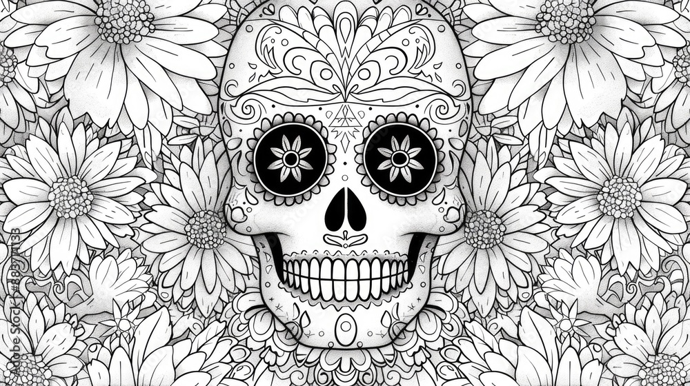 Fototapeta premium Sugar Skull with Flowers and Daisies