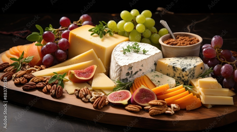 Artisanal cheese board with an assortment of cheeses and fruits Artisanal cheese board with an assortment of cheeses and fruits