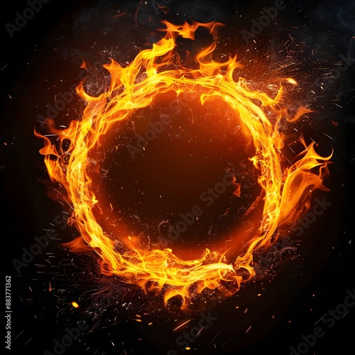 Fiery Circle of Flames with Sparks on Black Background photo