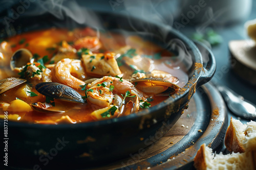 French bouillabaisse stew, full of Mediterranean seafood and tomatoes, cinematic food photography