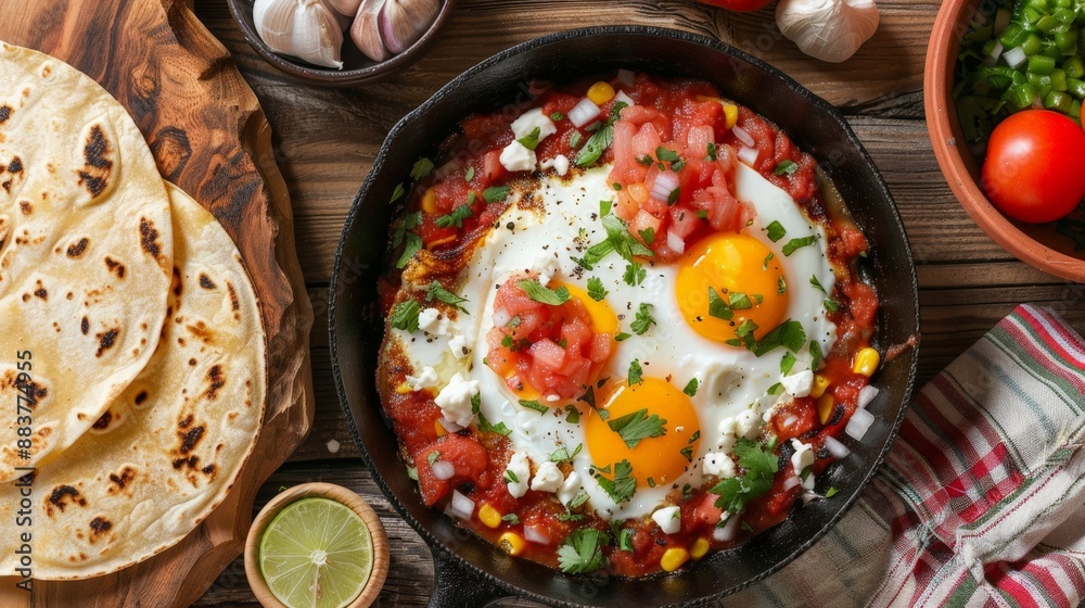 A sizzling skillet of huevos rancheros, topped with salsa and served with warm tortillas. A sizzling skillet of huevos rancheros, topped with salsa and served with warm tortillas.