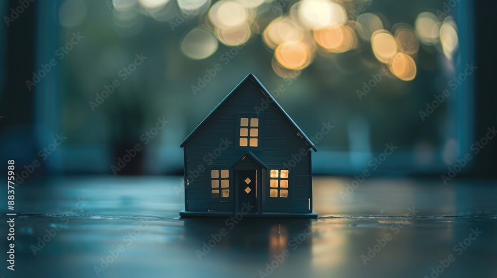 A small house with a window is lit up A small house with a window is lit up