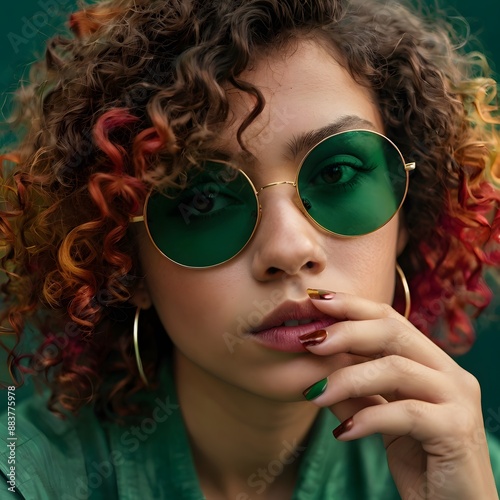 Close up young cheerful fun happy cool latin woman she wears green shirt casual clothes glasses looking camera isolated on plain pastel light blue cyan background studio portrait. Lifestyle concept.