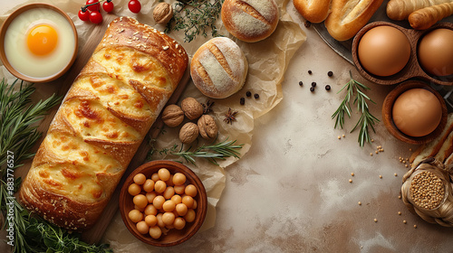 Flat beige background seen from above with some cheese bread on the left side of the image with other breakfast accessories.