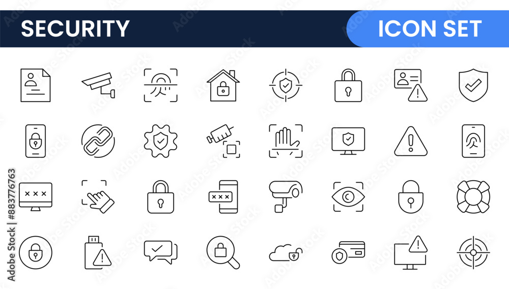 Set of Security web icons in line style. Guard, cyber security, password, smart home, safety, data protection, key, shield, lock, unlock, eye access. Security outline icon set. Set of Security web icons in line style. Guard, cyber security, password, smart home, safety, data protection, key, shield, lock, unlock, eye access. Security outline icon set.
