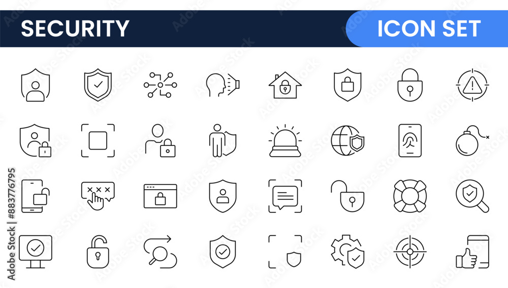 Set of Security web icons in line style. Guard, cyber security, password, smart home, safety, data protection, key, shield, lock, unlock, eye access. Security outline icon set. Set of Security web icons in line style. Guard, cyber security, password, smart home, safety, data protection, key, shield, lock, unlock, eye access. Security outline icon set.