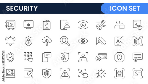 Set of Security web icons in line style. Guard, cyber security, password, smart home, safety, data protection, key, shield, lock, unlock, eye access. Security outline icon set.