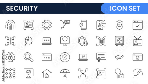 Set of Security web icons in line style. Guard, cyber security, password, smart home, safety, data protection, key, shield, lock, unlock, eye access. Security outline icon set.