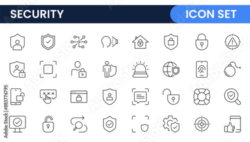 Set of Security web icons in line style. Guard, cyber security, password, smart home, safety, data protection, key, shield, lock, unlock, eye access. Security outline icon set.