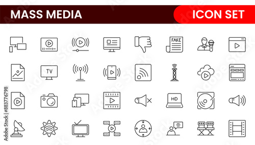 Mass media outline vector icons large set isolated on white background. media business concept. Media outline icons set.