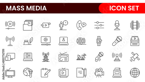 Mass media outline vector icons large set isolated on white background. media business concept. Media outline icons set.