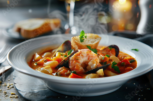 French bouillabaisse stew, full of Mediterranean seafood, cinematic food photography