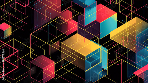Bright neon lines and cubes in a complex geometric abstract design photo