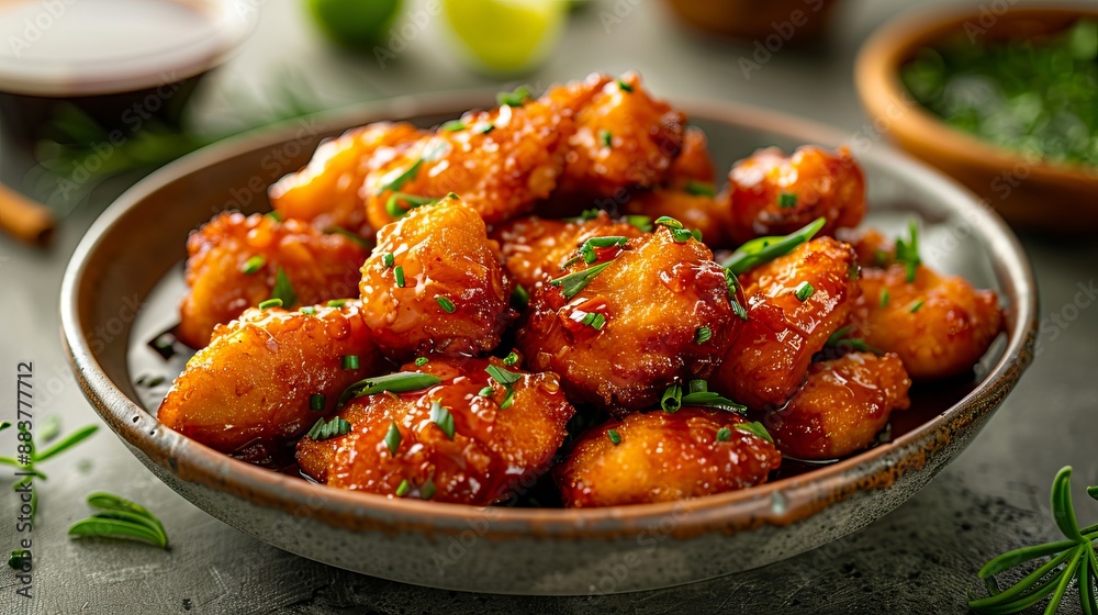 A bowl of chicken nuggets with sauce and herbs. A bowl of chicken nuggets with sauce and herbs.