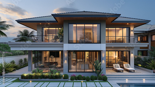 Small house with a terrace in the backyard The house is made of cement and has a gray tiled roof. Thailand. The balcony has a cement railing and seating.