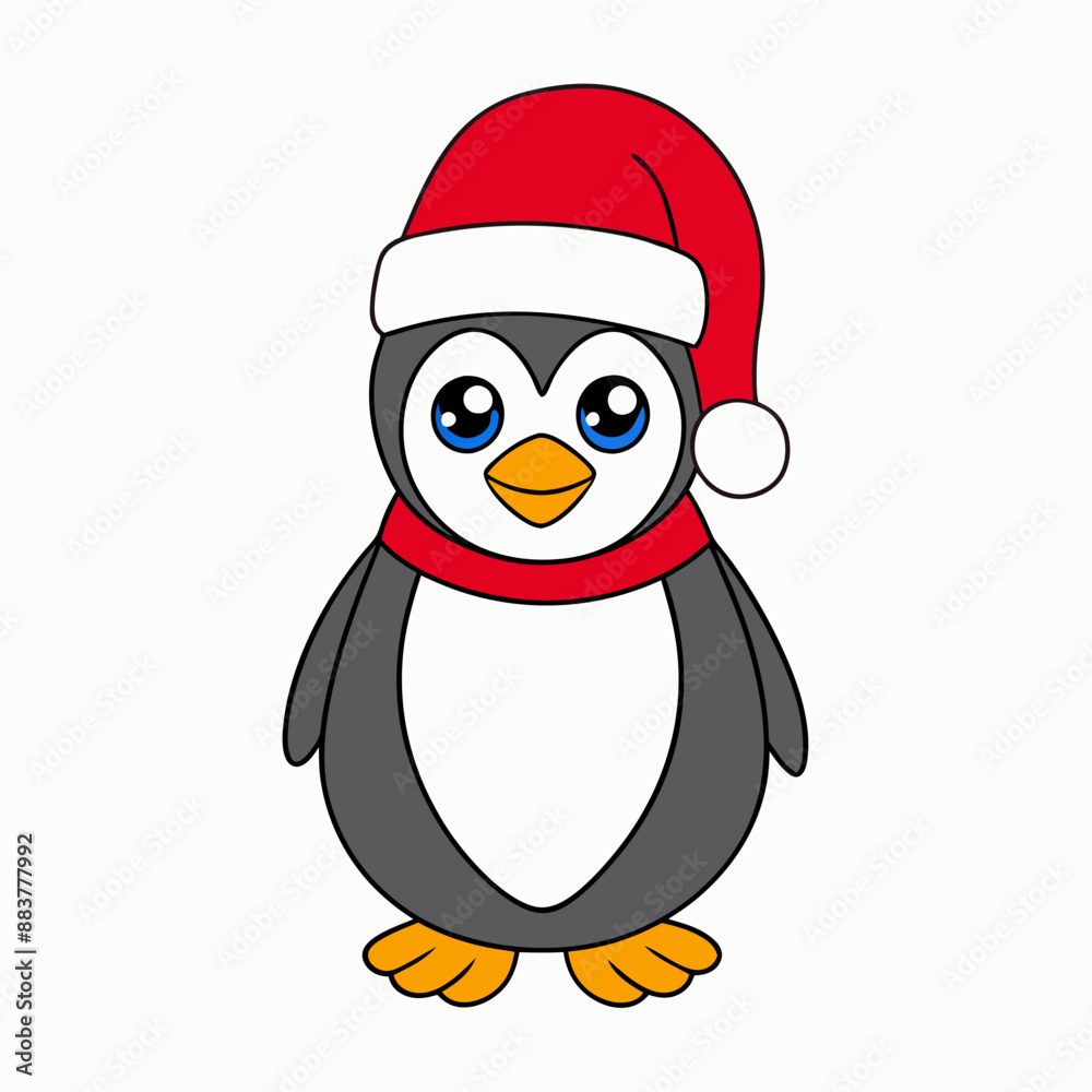 Obraz premium Christmas penguin Vector Illustration, penguin Vector Art, Christmas tree Silhouette, christmas penguin with santa hat cartoon Character icon 